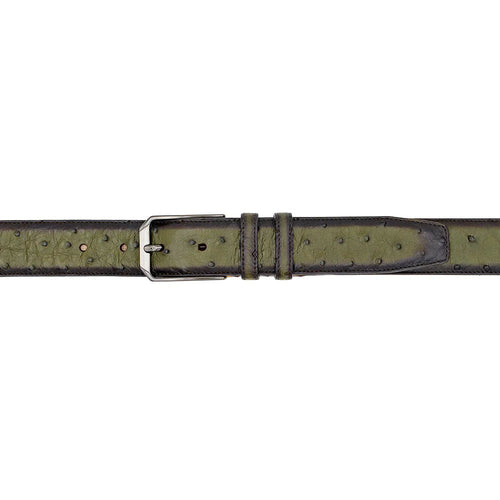 Olive Mezlan ostrich belt. Smooth, textured leather with raised dots. Olive color, brown edges, metal buckle. Multiple adjustment holes for sizing.