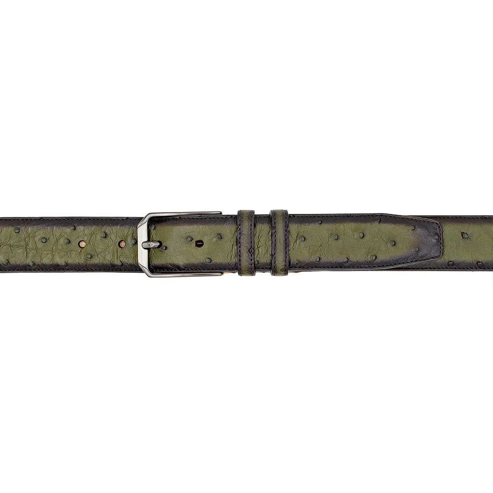 Olive Mezlan ostrich belt. Smooth, textured leather with raised dots. Olive color, brown edges, metal buckle. Multiple adjustment holes for sizing.