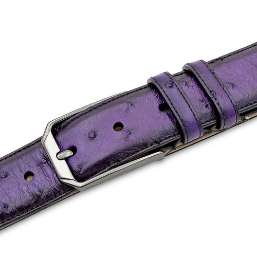 Purple Mezlan ostrich belt: smooth, bumpy texture. Made from ostrich skin. Metal buckle. Multiple size adjustments.