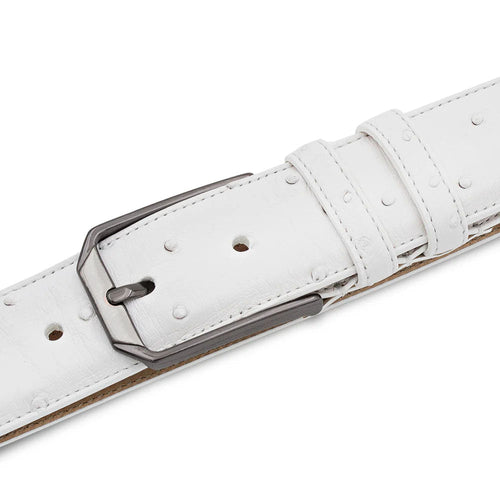 White Mezlan ostrich belt. Smooth texture, dark metallic buckle. Narrow width, adjustable holes. Matching strap keeper. Distinctive raised bumps.
