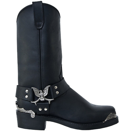 Black leather biker boots with a tall shaft, rounded toe, and low heel. Silver hardware includes an eagle emblem strap and side chain detailing.