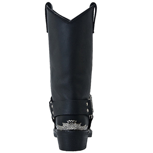 Black leather biker boots with a tall, straight shaft and pointed top. Silver buckle ankle strap. Textured sole for grip.