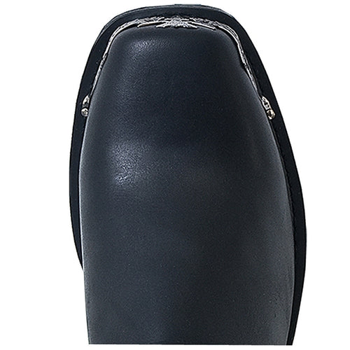 Sleek black leather biker boots. Rounded toe, smooth finish, reinforced stitching. Sturdy, slightly elevated sole. Matte surface, for a stylish and durable look.