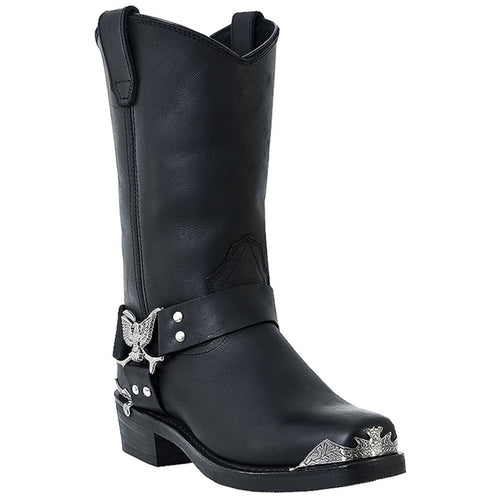 Black leather biker boots with tall shafts, rounded toes, and silver-detailed straps. Smooth upper, minimal texture, slightly raised sole.