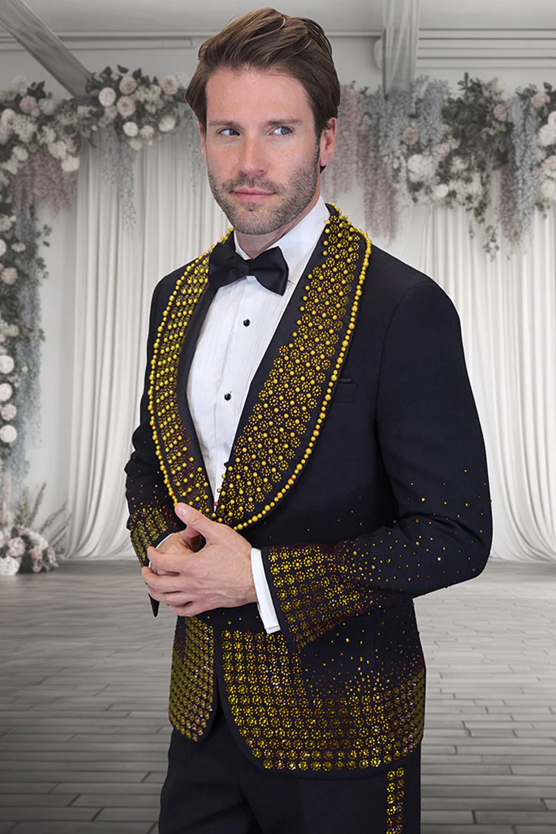 Mens Designer Gold Flower Rhinestone Studded Prom and Wedding Tuxedo in Black