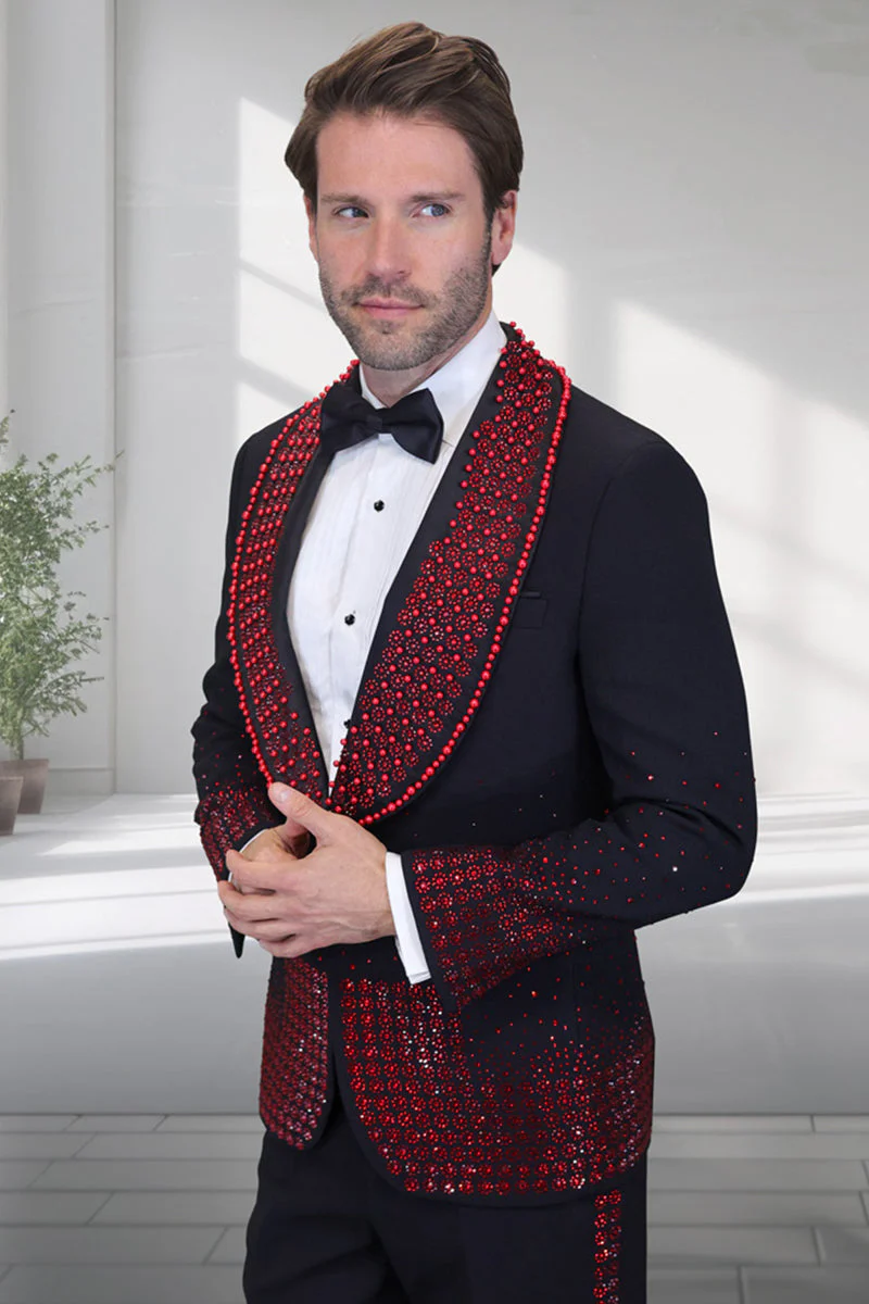 Mens Designer Red Flower Rhinestone Studded Prom and Wedding Tuxedo in Black
