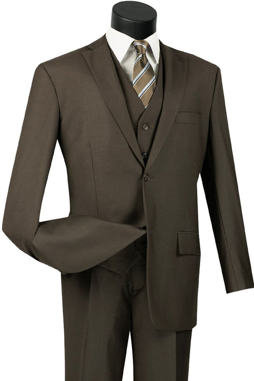 Mens Classic Fit Flat Front Vested Suit in Brown