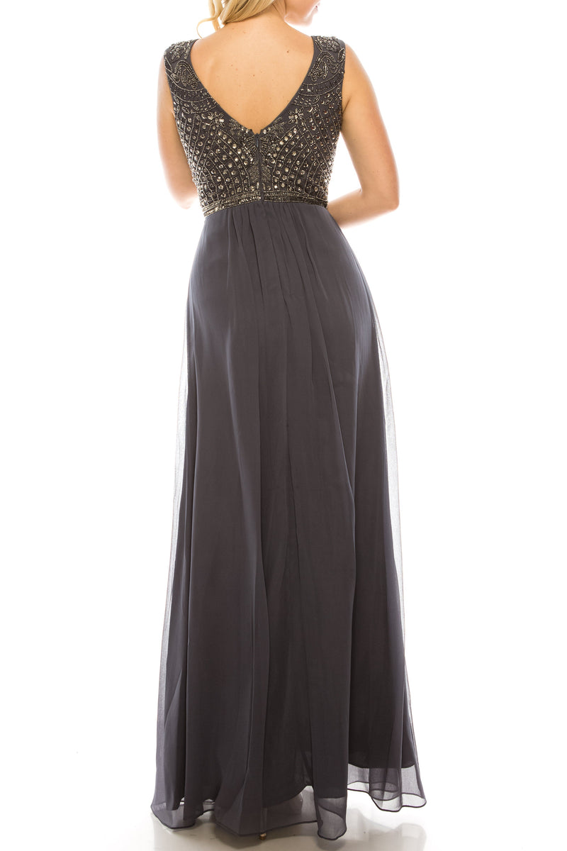 Aidan Mattox 054466960 Beaded Long A-line Evening Dress with Cap Sleeves and Boat Neckline