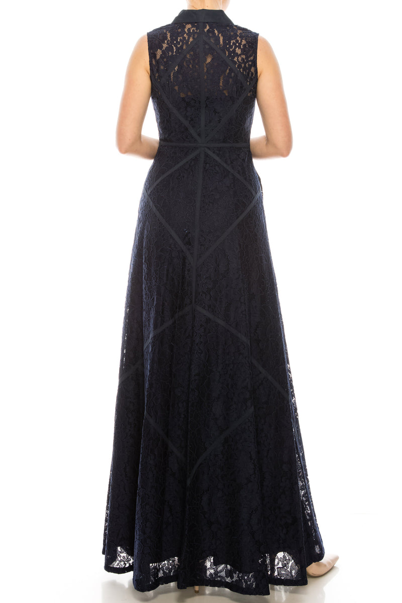 Aidan Mattox 054473060 Sleeveless Piping Detail A-Line Dress with Lace Detail
