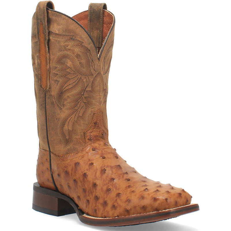 Dan Post Alamosa men's cowboy boot. Tan genuine ostrich leather with decorative stitched shaft, broad square toe, and pull tabs. Stacked wood heel. Textured main body, smooth collar.