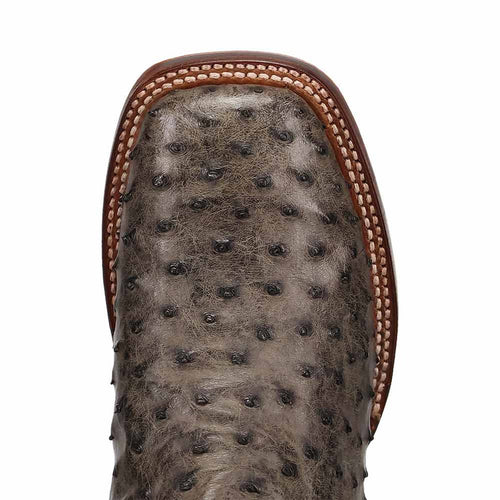 Dan Post Alamosa boots: Men's full quill ostrich leather. Muted grey with black accents. Textured surface, square toe. Contrasting stitched trim.