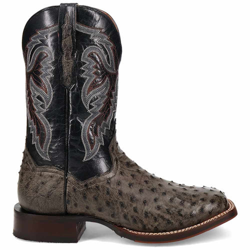 Dan Post Alamosa men's boots: Grey-brown full quill ostrich leather body with a black shaft. Decorative stitching, narrow square toe, and stacked heel for a classic Western look.