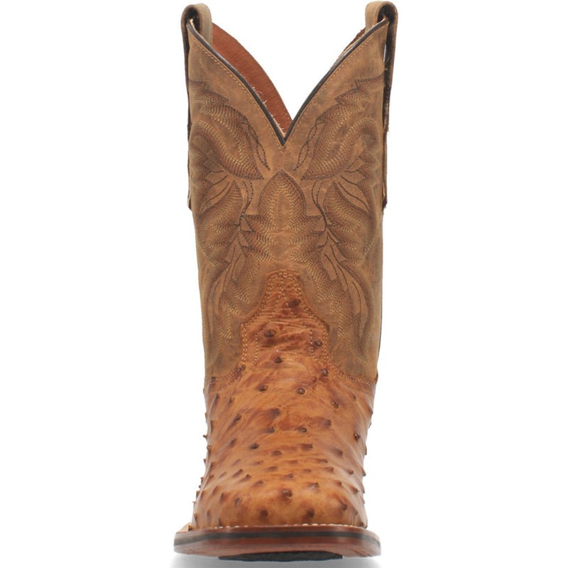 Dan Post Alamosa men's cowboy boot in tan ostrich leather. Broad square toe, unique stitching on upper. Textured surface with characteristic circular bumps. Shaft has V-shaped opening.