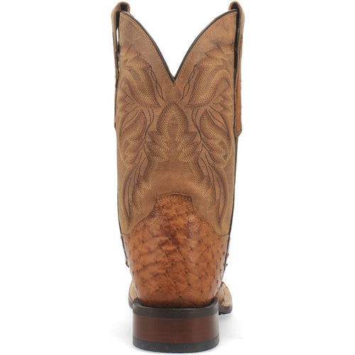 Men's Dan Post Alamosa cowboy boot. Tan ostrich foot & leather upper. Tall shaft with floral stitching. Broad square toe, elevated heel.