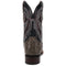 Dan Post Alamosa men's boots: Full quill ostrich leather, black upper, greyish-brown lower. Silver/rust stitching. Pointed toe, high shaft, stacked heel, elongated, narrow fit. Classic western style.