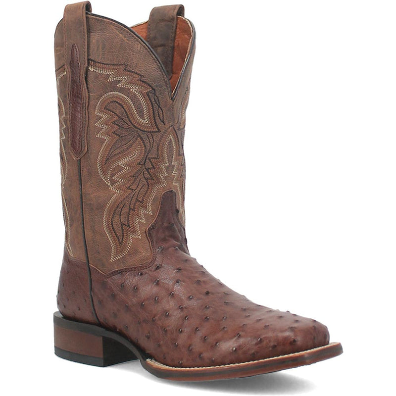 Dan Post Men's Alamosa cowboy boot in brown genuine ostrich. Features a square toe, decorative stitched shaft, and stacked heel. Includes pull tabs for easy wear.