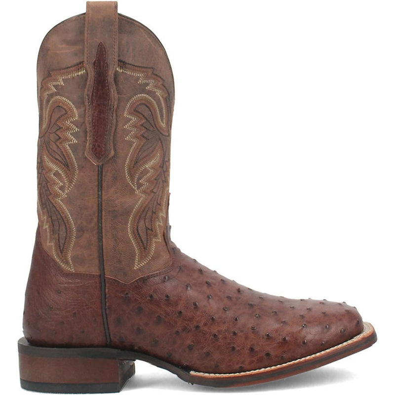 Dan Post Alamosa men's cowboy boot. Brown genuine ostrich leather with unique texture and stitching. Square toe design. Stacked heel.