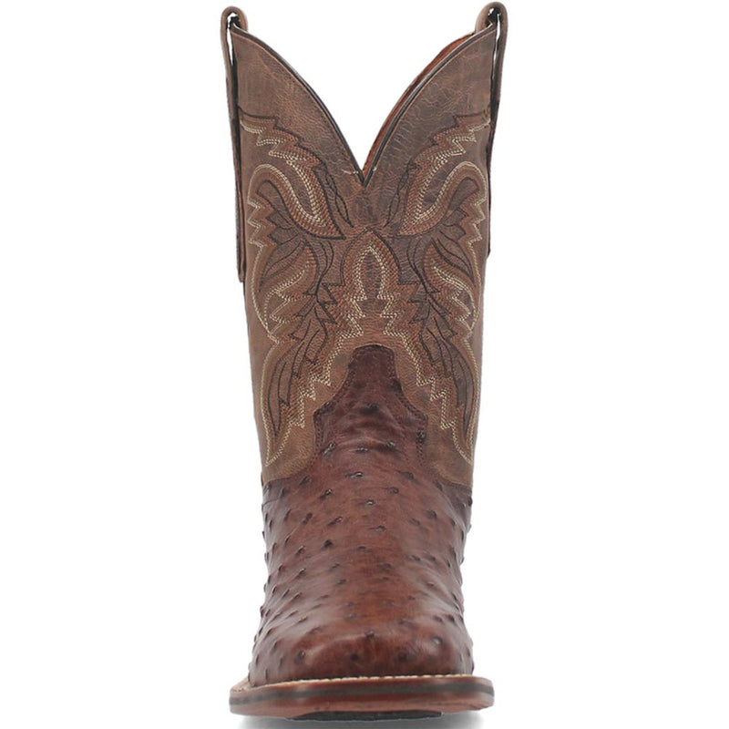 Dan Post Alamosa men's cowboy boot. Genuine brown ostrich leather with square toe. Decorative stitched shaft. Textured brown ostrich foot, patterned lighter brown upper.