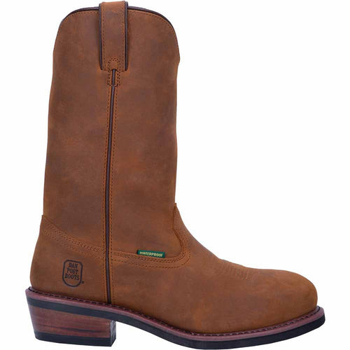 Dan Post Albuquerque cowboy boots. Mid-brown/tan leather, round toe, raised heel. Smooth texture, visible stitching, pull tab. Waterproof. Traditional tall, narrow design.