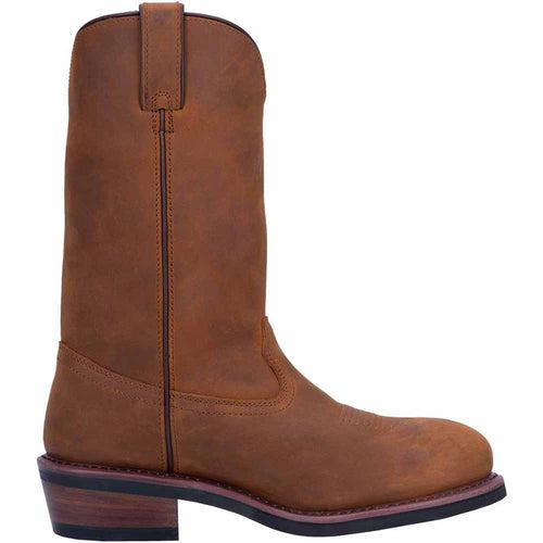 Dan Post Men's Albuquerque cowboy boot. 12" round toe, mid-brown/tan leather with smooth finish. Stacked heel, stitch detail on shaft, pull tabs, and contrasting dark brown sole.