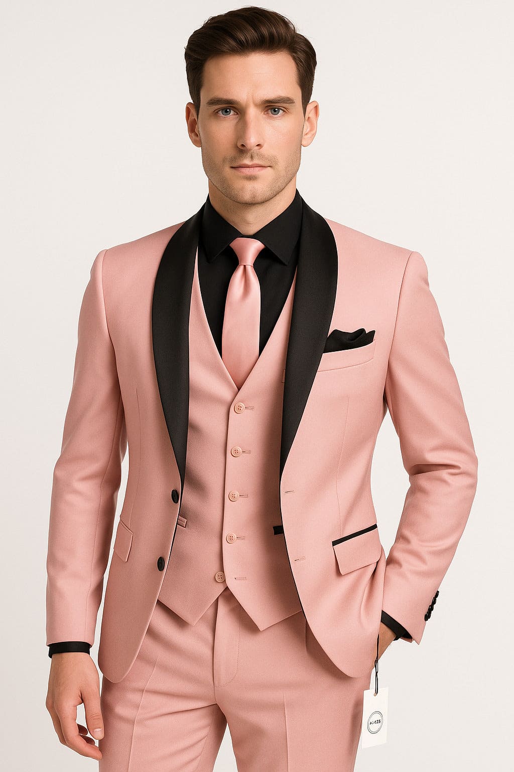 MANZINI SUNSET Men's Slim Fit 3-Piece Tuxedo Suit Reversible Vest Pink White main image 1