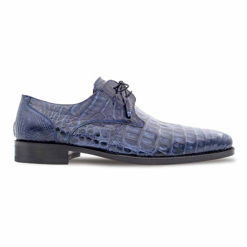 Men's Anderson blue crocodile lace-ups: Sleek, elongated shape. Genuine crocodile leather upper with glossy blue finish and scales. Traditional lace-up design with black laces. Low, square heel and durable sole.
