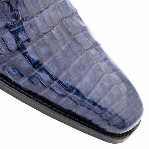 Mezlan Men's Anderson shoes. Deep blue crocodile leather upper, textured and smooth. Pointed toe, sleek profile. Black sole.