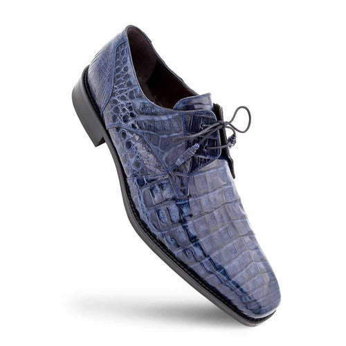 Anderson men's blue crocodile lace-up shoes with glossy finish and intricate texture. Pointed toe. Features black accents and curved outsole for a sleek profile.