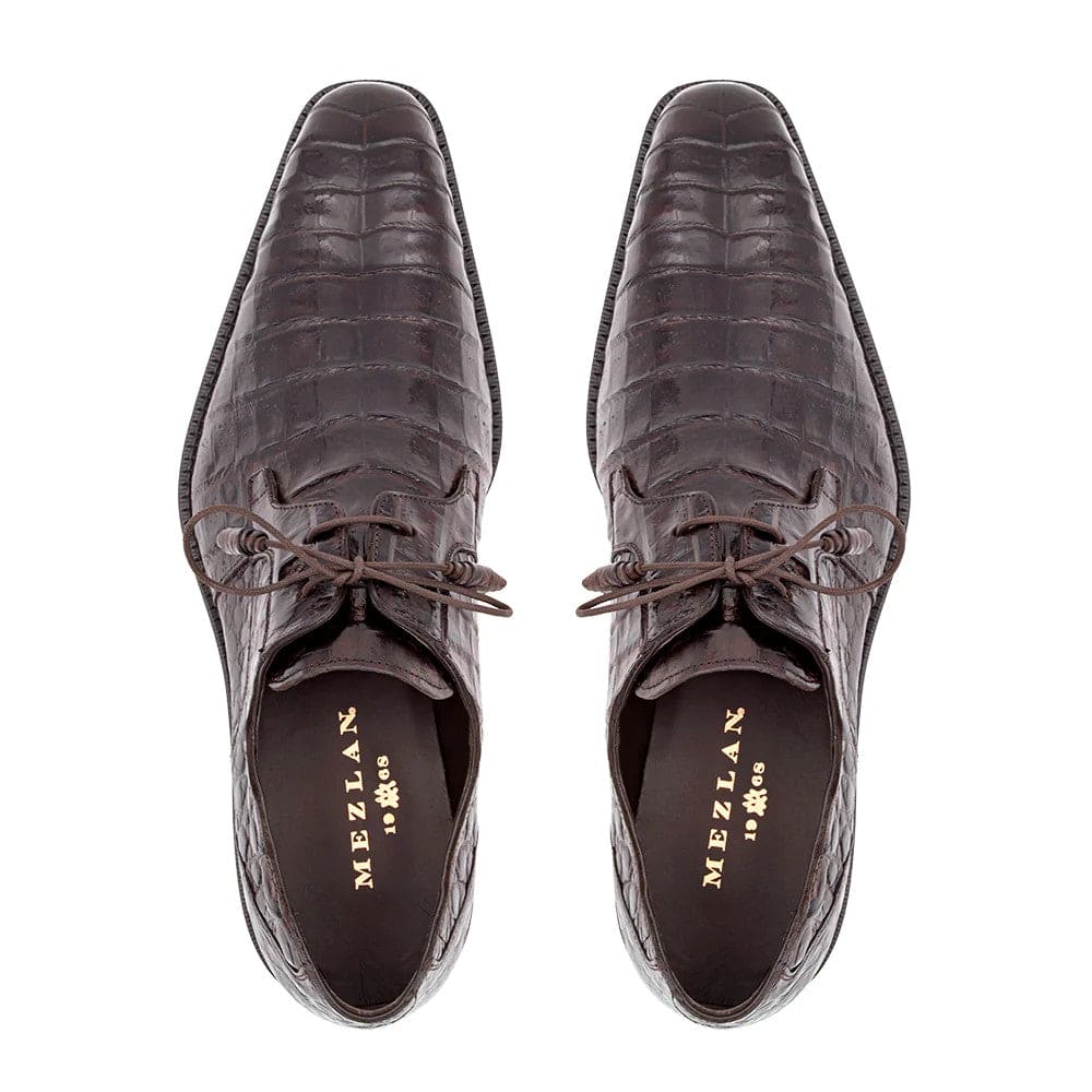 Anderson Dark Brown Genuine Crocodile Lace-Up by Mezlan – Exotic Blucher Dress Shoe, Made in Spain