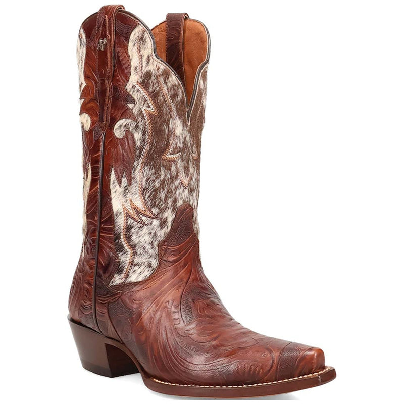 Dan Post Andrinna women's western boots. Brown leather, snip toe, mid-calf height. Decorative raised pattern with fur-like side accents. Wavy shaft top, stacked heel, and curved sole.