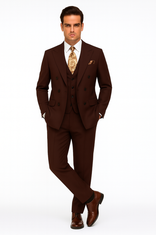 Double Breasted Suits - Vested Suits Wool Fabric - Apolo King Brand - Solid Brown Suit