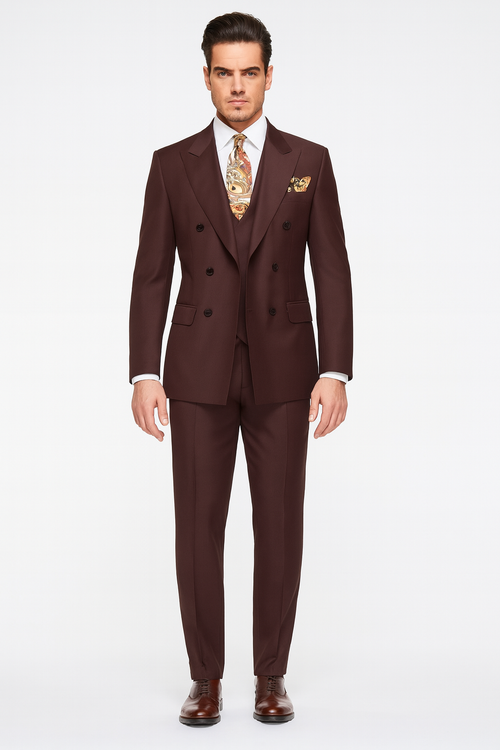 Double Breasted Suits - Vested Suits Wool Fabric - Apolo King Brand - Solid Brown Suit
