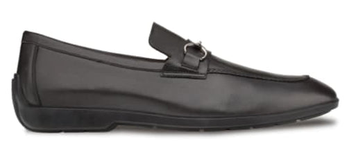 Black penny loafer: Smooth, shiny leather upper. Decorative strap with metal buckle. Rounded toe, flexible rubber sole for comfort. Sleek, low-profile design.
