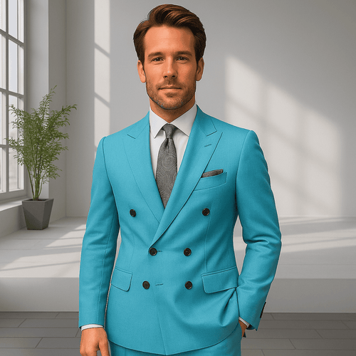 Wool Suit - Italian Made Business Suit by Statement Men's 2 Piece 100% Wool Double Breasted Suit - Pinstripe Pattern