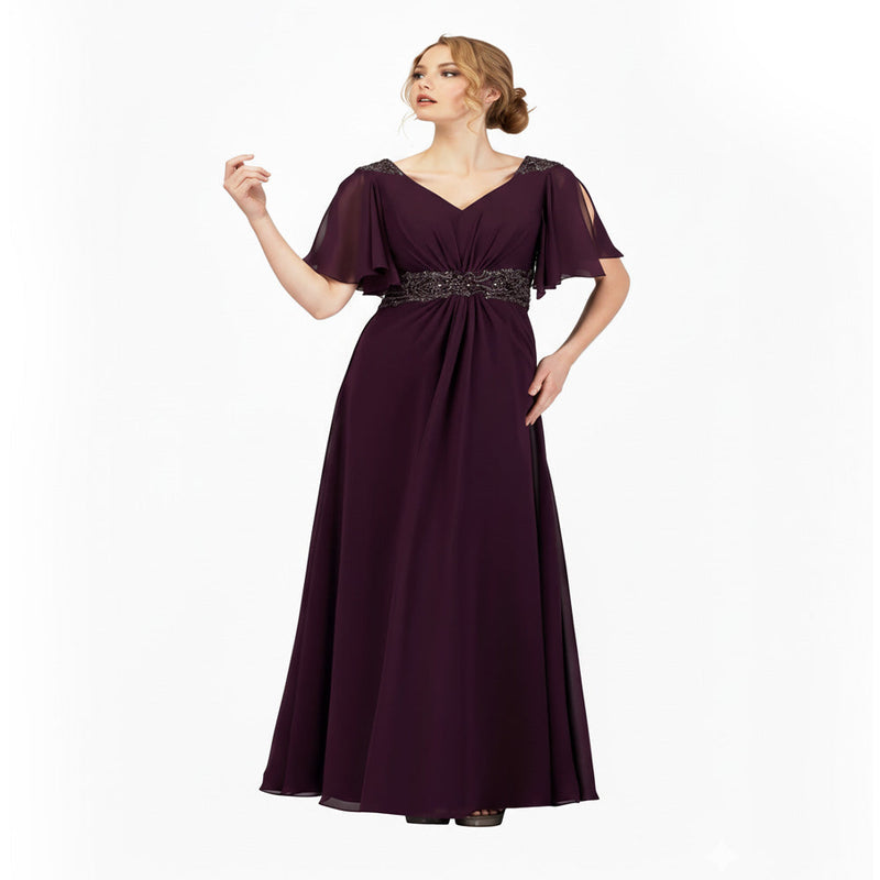 Abby Paris 986002W Beaded Chiffon Short Sleeve Gown