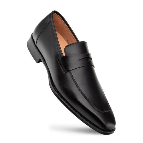 Mezlan Avenue penny loafer: Black leather upper with rounded toe & stitched penny strap. Elevated heel, light interior lining, leather sole with minimal tread.