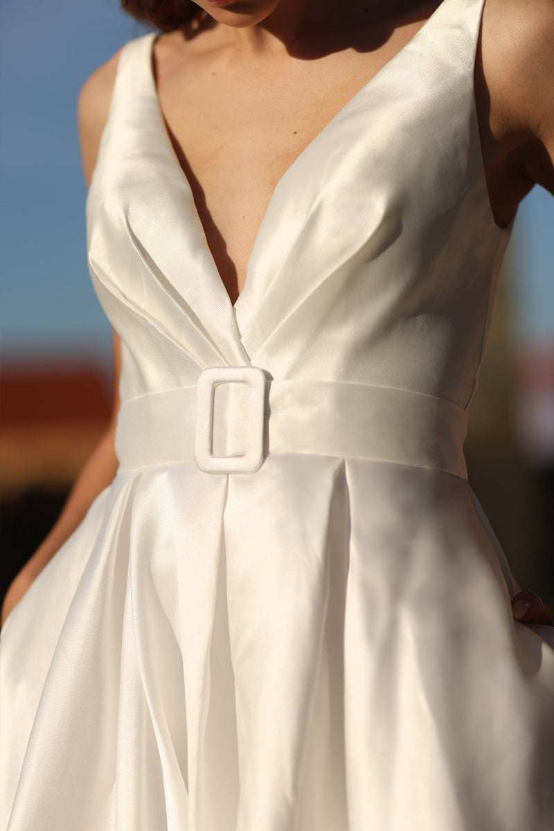 Tina Holly BB209W Wedding A-Line High Slit Pockets Flowy Mikado Dress