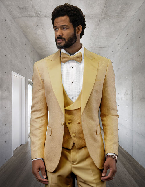 Men's Gold Floral Brocade Three-Piece Tuxedo with Vest and Bow Tie