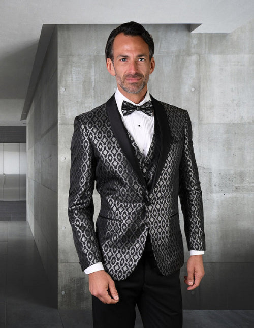 Black tuxedo with shiny diamond print, glossy material. Fitted cut, shawl lapel. Includes white dress shirt and bow tie.
