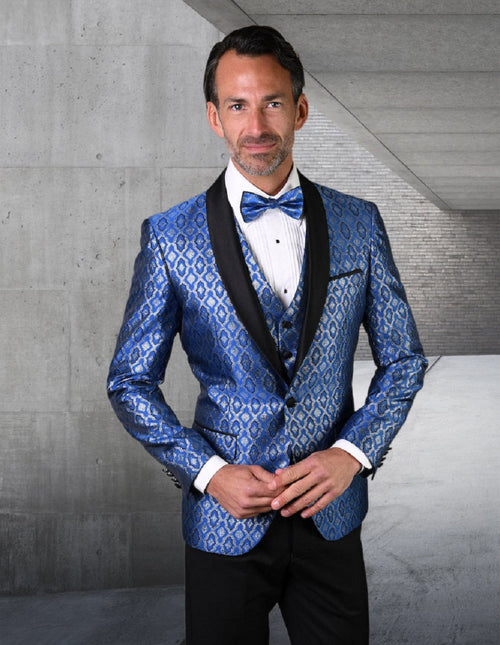 Royal blue diamond print vest with black lapel. Smooth fabric. Paired with white shirt and bow tie. Stylish and eye-catching formal wear.