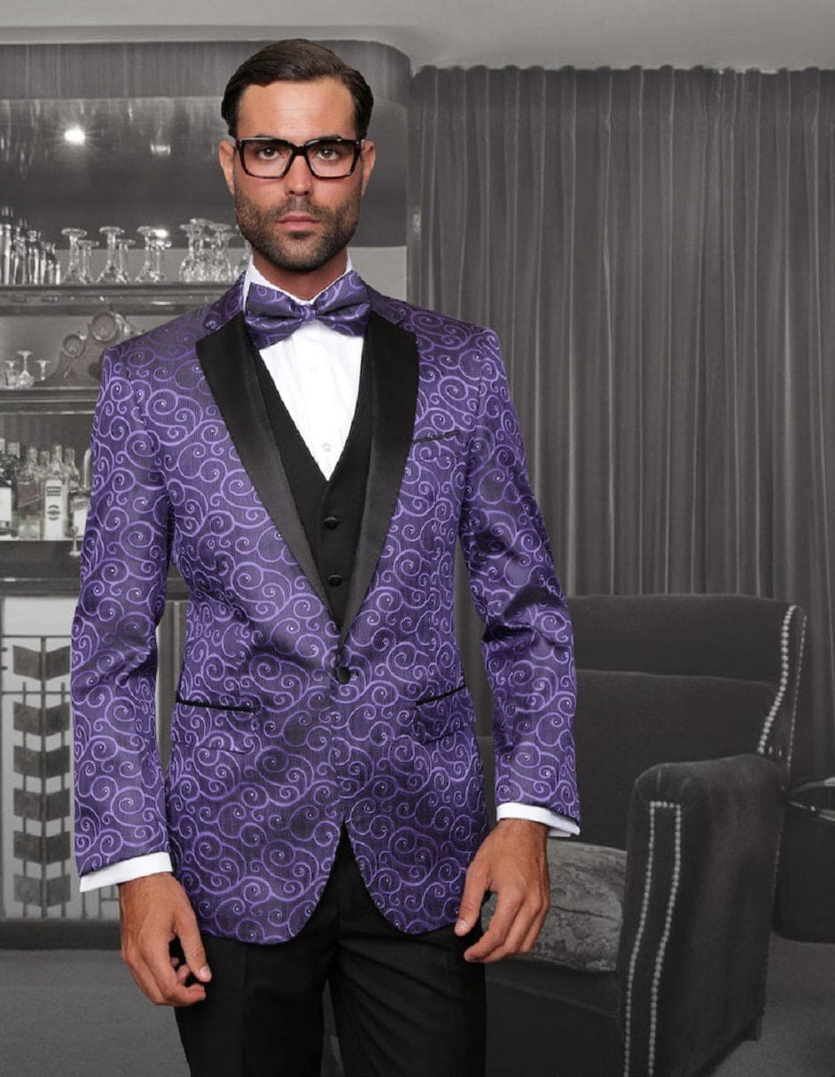 Mens Vested Swirl Patter Notch Lapel Tuxedo in White main image 1