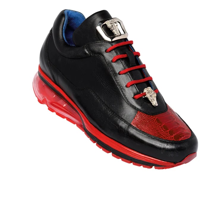 Luxury Ostrich & Italian Calfskin Sneakers in Black and Red by Belvedere