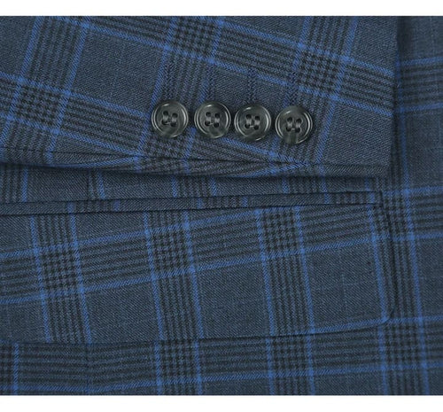 Mens Plaid Suit - Patterned Business Suit - Mens Two Button Classic Fit Two Piece Suit In Blue Windowpane Plaid Check