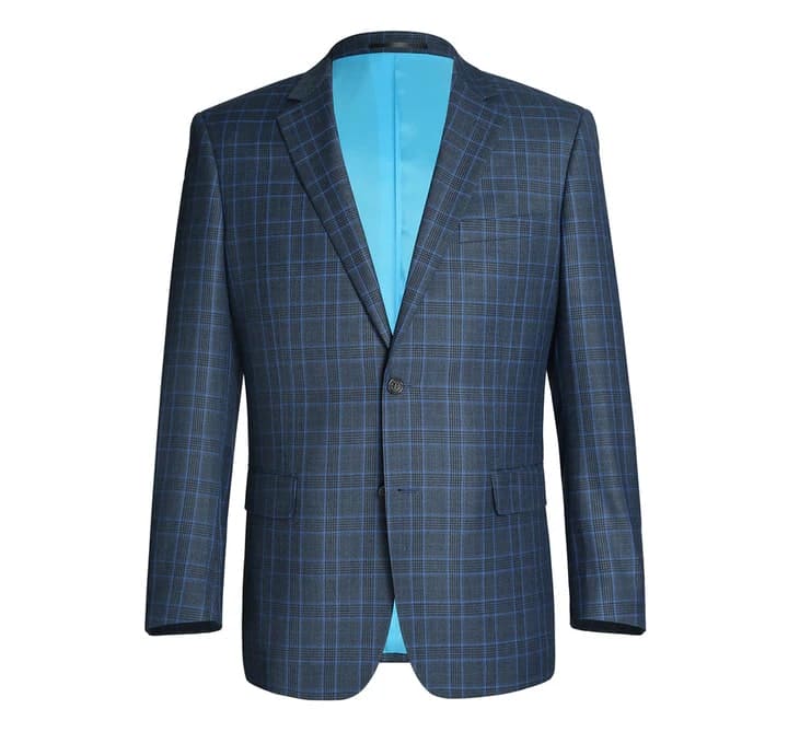 Mens Plaid Suit - Patterned Business Suit - Mens Two Button Classic Fit Two Piece Suit In Blue Windowpane Plaid Check