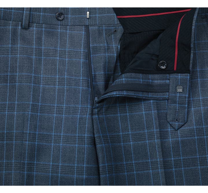 Mens Plaid Suit - Patterned Business Suit - Mens Two Button Classic Fit Two Piece Suit In Blue Windowpane Plaid Check