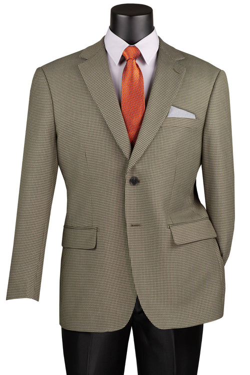 Olive green houndstooth sport coat. Modern fit, tailored shape. Two-button closure, notched lapel, front pockets. Textured, woven fabric. Contrasting orange tie.