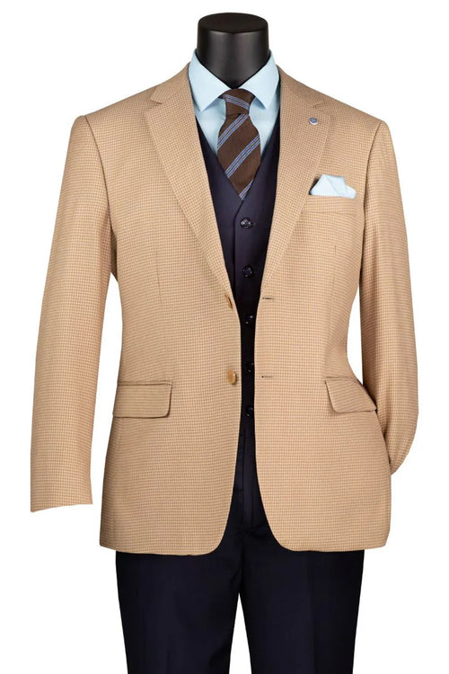 Alberto Nardoni men's modern fit sport coat. Tan houndstooth, two-button blazer with notched lapel, front pockets, and chest pocket. Worn with a vest, light blue shirt, and striped tie.