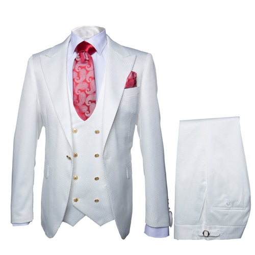 Rossi Man Slim Fit 3-Piece White Suit – Peak Lapel, Double-Breasted Vest & Flat Front Pants