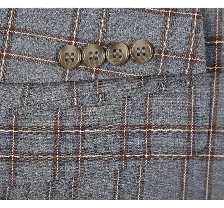 Mens Plaid Suit - Patterned Business Suit - Mens Two Button Slim Fit Two Piece Suit In Grey & Bronze Windowpane Plaid