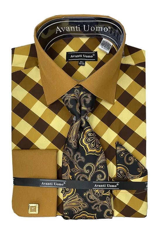 Men's Contrast Collar French Cuff Check Dress Shirt Set In Brown | Alberto Nardoni Men's Contrast Collar French Cuff Check Dress Shirt Set In Brown | Alberto Nardoni